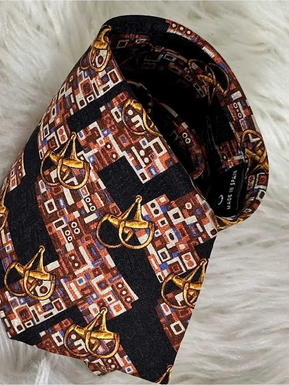 Celine Black, Brown & Gold Geometric Print Silk Tie
